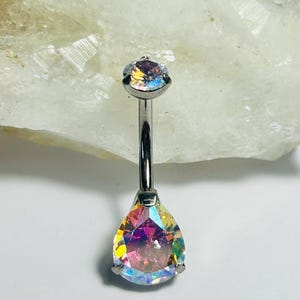 Double Jewelled AB CZ Teardrop Belly Bar - Prong Set Navel Bar - Medical Grade Titanium Internally Threaded - 1.6mm x 10mm