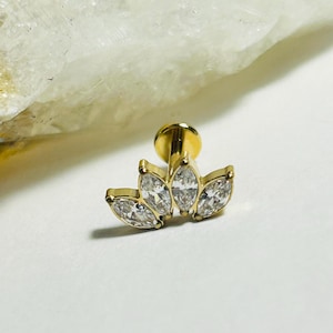 Clear CZ Marquise Fan Labret Stud  - Internally Threaded - Zircon Gold ASTM:F-136 Titanium - 1.2mm - 16g