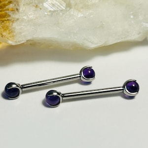 Pair Titanium Nipple Bars: Amethyst Gemstone Balls, 14g - Internally Threaded
