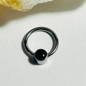 Medical Grade Titanium ASTM:F-136 Hinged Ring With 4mm Flat Back Bezel Set Black Agate Gemstone - 1.2mm - 16G Septum or Daith