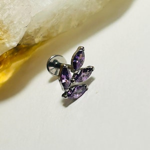 Marquise Leaf Labret Stud - Internally Threaded - ASTM:F136 Titanium - 1.2mm - 16g - Purple CZ Leaf