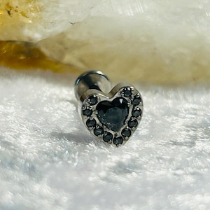 Jewelled Heart Labret Stud With Black CZ Gems - Internal Thread - ASTM:F-136 Medical Grade Titanium - 1.2mm/16g