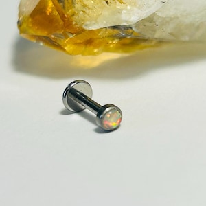 Bezel Set White Opal Disk Labret Stud - Internally Threaded - ASTM:F136 Titanium - 1.2mm - 16g