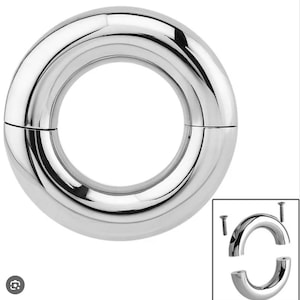 May include: A large, polished silver ring with a split design. The ring is shown assembled and disassembled, with screws visible in the separate pieces. The ring is a body jewelry item.