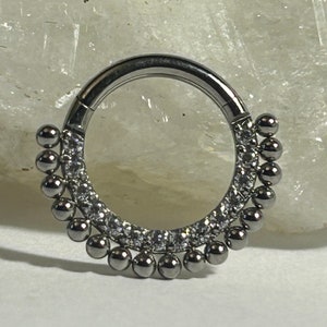 Hinged Clicker Ring With Beads & CZ Crystals - Medical Grade Titanium - Septum or Cartilage Body Piercing Jewellery 1.2mm x 8mm