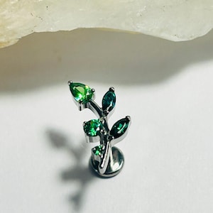 Green CZ Gem Leaf Labret Stud: 16g Titanium Left Ear Piercing