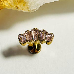 Art Deco Baguette Fan Labret Stud: Light Pink CZ, Gold Titanium 16g