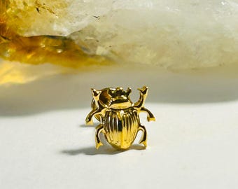Puede incluir: Figura de escarabajo dorado. El escarabajo es muy detallado con alas y patas texturizadas. La figura está sobre un fondo blanco con un cristal borroso y claro en el fondo.