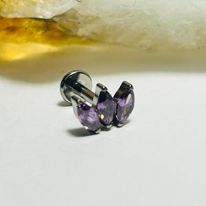 Triple Marquise Cluster Labret Stud - Purple CZ Labret Stud - Internally Threaded - ASTM:F136 Titanium - 1.2mm - 16g