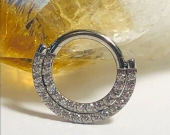 2 Banded Front Facing Hinged Ring With Clear Crystal CZ Gems - Medical Grade Titanium  - Septum or Cartilage - 1.2mm x 8mm - 16g