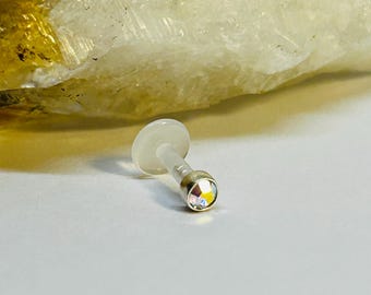 925 zilveren AB Aurora Borealis CZ labret-knop - bioplast push-fit (16G/14G)