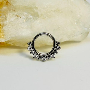 Hinged Clicker Ring With Bead & CZ Edge -  Medical Grade Titanium Septum or Cartilage Body Jewellery 1.2mm x 8mm