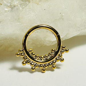 Double Tribal Bead Hinged Clicker Ring - Zircon Gold Medical Grade Titanium - Septum or Cartilage Body Piercing Jewellery 1.2mm - 8mm - 16g