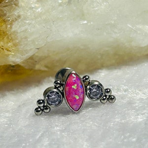 Titanium Threadless Push in Labret With Pink Marquise Opal Tri Beads & Lilac CZ Gems Attachment  - ASTM:F-136 Medical Grade Titanium