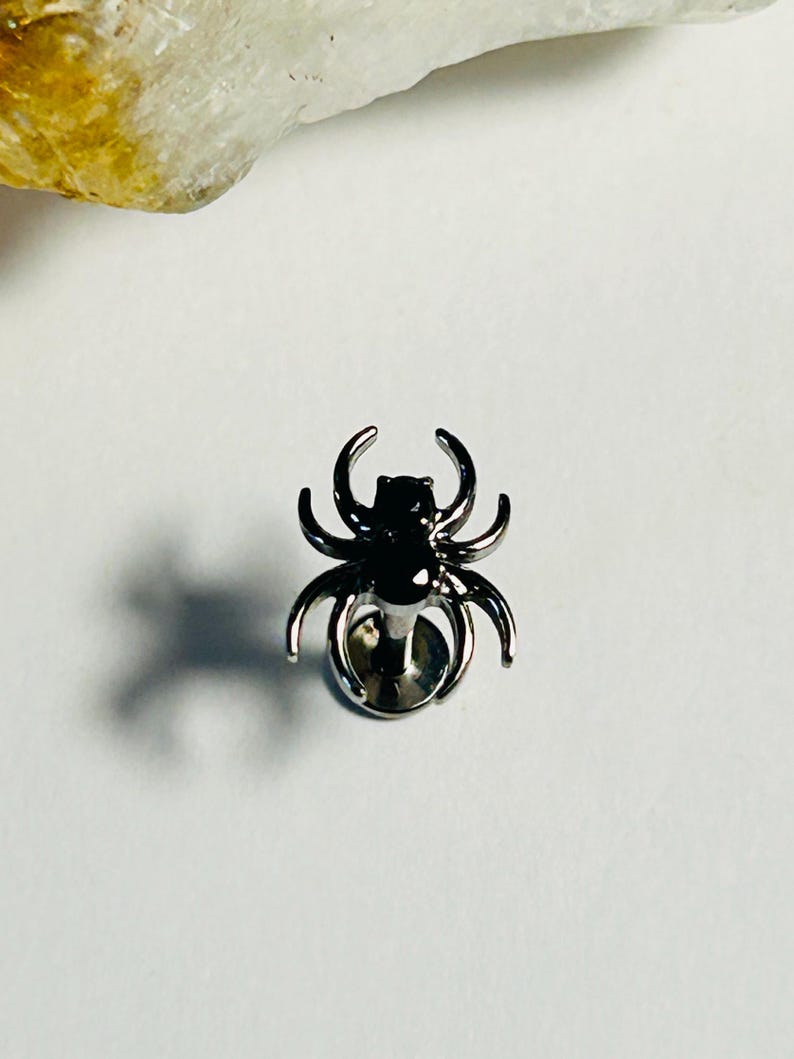 May include: A silver spider stud earring with a black body. The spider has eight legs and is set against a white background. The earring is a small, detailed piece of jewellery.