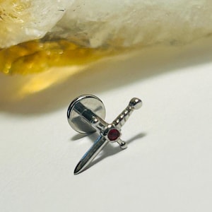 Mini Jewelled Dagger Labret Stud - Red CZ Labret Stud - Internally Threaded - 316L Surgical Steel - 1.2mm - 16g