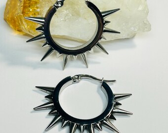 Pair Spiked Hoop Earrings • Silver Surgical Steel With Giftbag