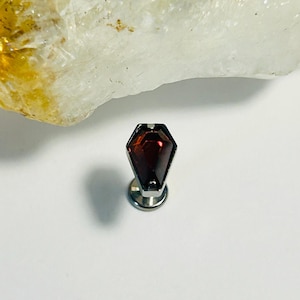 Coffin Labret Stud - Red CZ Coffin Shaped Labret Stud - Internally Threaded Gem Top - ASTM:F136 Titanium 1.2mm - 16g