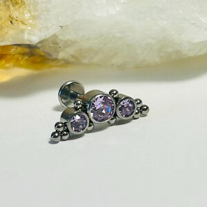 3 Jewel Tribal Asia Crescent Labret Stud - Lilac CZ Labret Stud - Internally Threaded - ASTM:F136 Titanium - 1.2mm - 16g