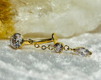 Gold Titanium Floating Belly Bar: Zircon Jewelled Chain, 14G