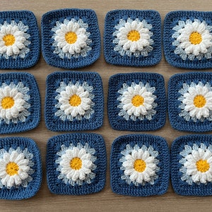 conjunto de quadrados daisy Grandma de 12, quadrados daisy Grandma de crochê pré-fabricados, kit de bolsa de kit de cobertor retrô de crochê azul, quadrados de tricô azuis pré-fabricados