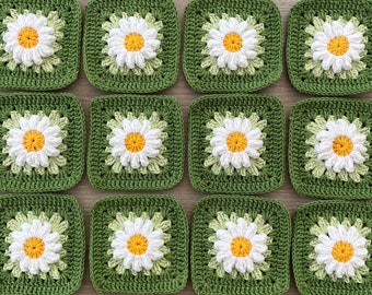 12er Set, gehäkelte Gänseblümchen Grandma Squares, grüne Häkeldecke Kit Taschenset, gehäkelte Daisy Grandma Squares