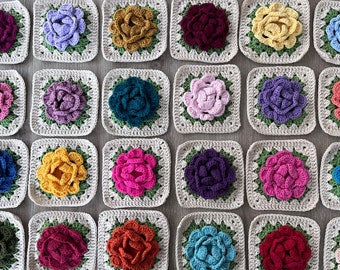 set of 24 rose granny square set, premade flower granny square set, raised roses crochet kit, premade crochet knit squares, rose blanket kit