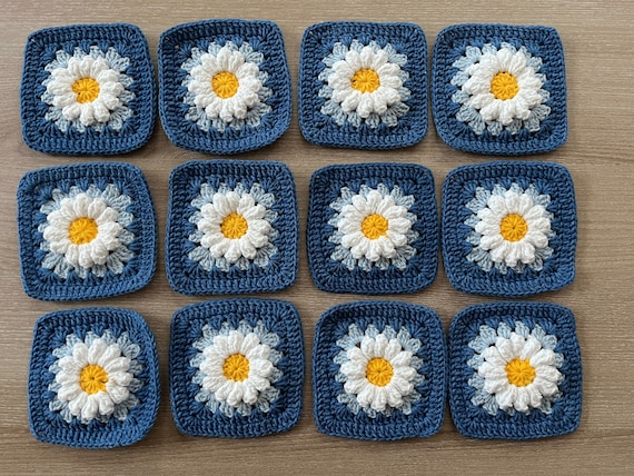 Daisy Granny Square Set of 12, Premade Crocheted Daisy Granny