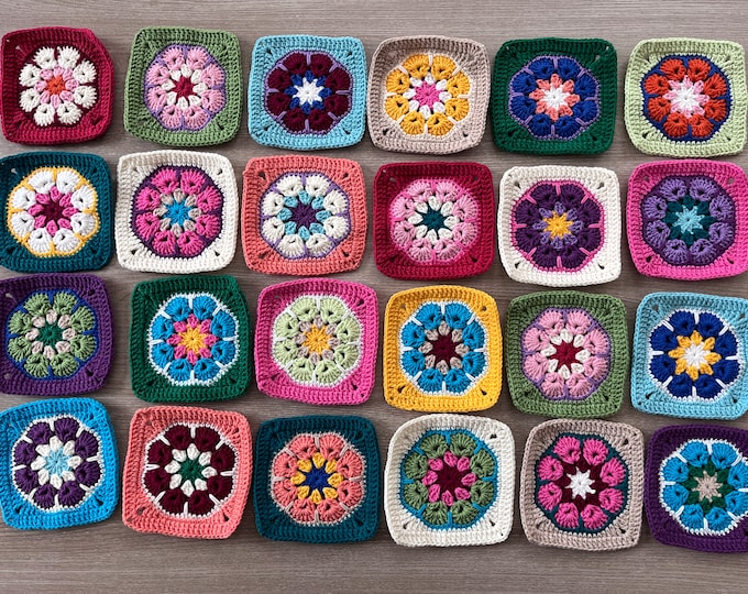flower granny square set, premade crochet granny squares, crochet kit, crochet blanket kit bag kit, crocheted unblocked granny squares set