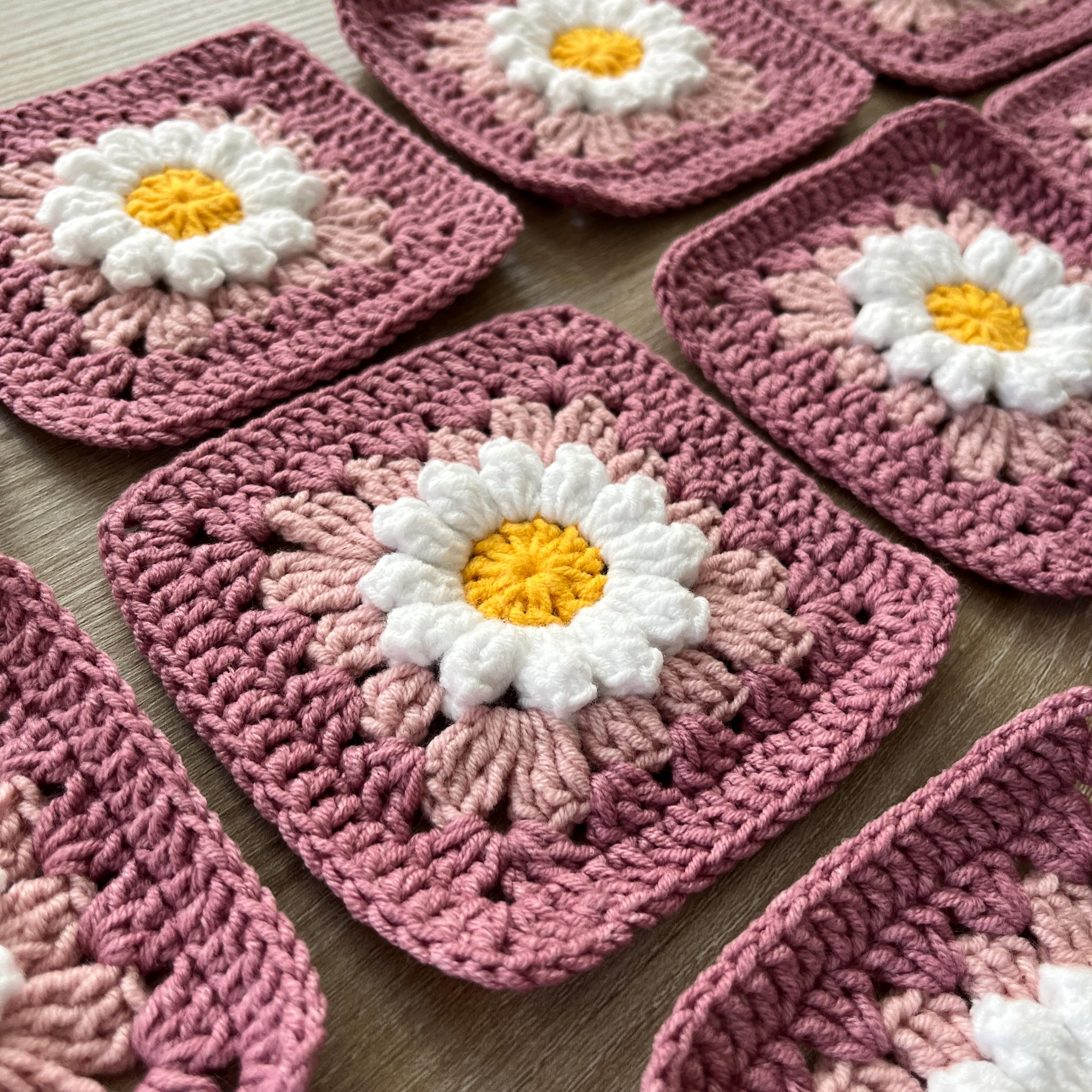 Daisy Granny Square Set of 12, Premade Crocheted Daisy Granny