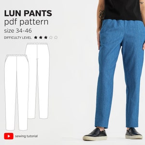 May include: A digital illustration of a pair of pants with a sewing tutorial link. The text "LUN PANTS pdf pattern size 34-46 DIFFICULTY LEVEL" is included in the image. A photo of a person wearing a pair of blue pants is also included.