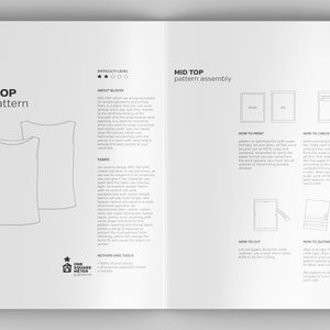 May include: A black and white PDF sewing pattern for a sleeveless top called "Mid Top". The pattern includes instructions for printing, cutting, and assembling the top. The pattern is designed for a beginner sewer and has a difficulty level of 3 out of 5 stars.