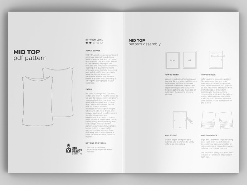 May include: A black and white PDF sewing pattern for a sleeveless top called "Mid Top". The pattern includes instructions for printing, cutting, and assembling the top. The pattern is designed for a beginner sewer and has a difficulty level of 3 out of 5 stars.