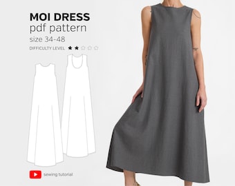 Sleeveless Long Easy-Fit Dress with Close Neck | for Women size 34-48 | MOI DRESS PDF Sewing Pattern with video tutorial