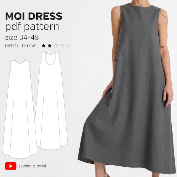 Sleeveless Long Easy-Fit Dress with Close Neck | for Women size 34-48 | MOI DRESS PDF Sewing Pattern with video tutorial