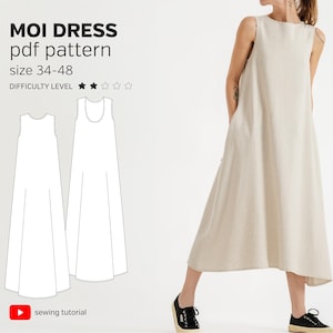 以下が含まれることがあります： 「Moi Dress」と呼ばれるノースリーブドレスのデジタル裁縫パターン。パターンはサイズ34〜48で、難易度レベルは星3つ。パターンは白い背景に、同様のドレスを着たモデルと一緒に表示されています。