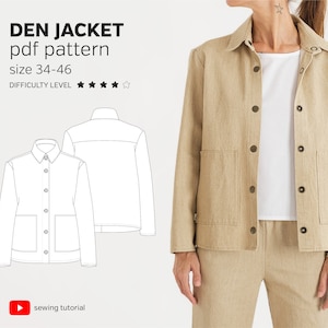 ボクシーデニムジャケット PDF 縫製パターン: レディース パッチポケットジャケット (サイズ 34-46)