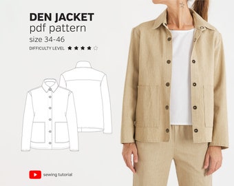 Cartamodello PDF per giacca di jeans squadrata: giacca con tasche applicate da donna (taglie 34-46)