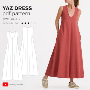 Könnte beinhalten: Ein digitales Schnittmuster für ein ärmelloses Maxikleid namens "Yaz Dress". Das Schnittmuster ist in den Größen 34-46 erhältlich und hat einen Schwierigkeitsgrad von drei Sternen. Das Schnittmuster ist auf weißem Hintergrund abgebildet, im Hintergrund ist ein rotes Kleid an einem Model zu sehen.