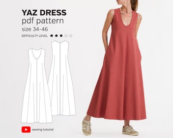 Sleeveless Hourglass Dress PDF Sewing Pattern: Deep U Neck, Size 34-46 (Video Tutorial)