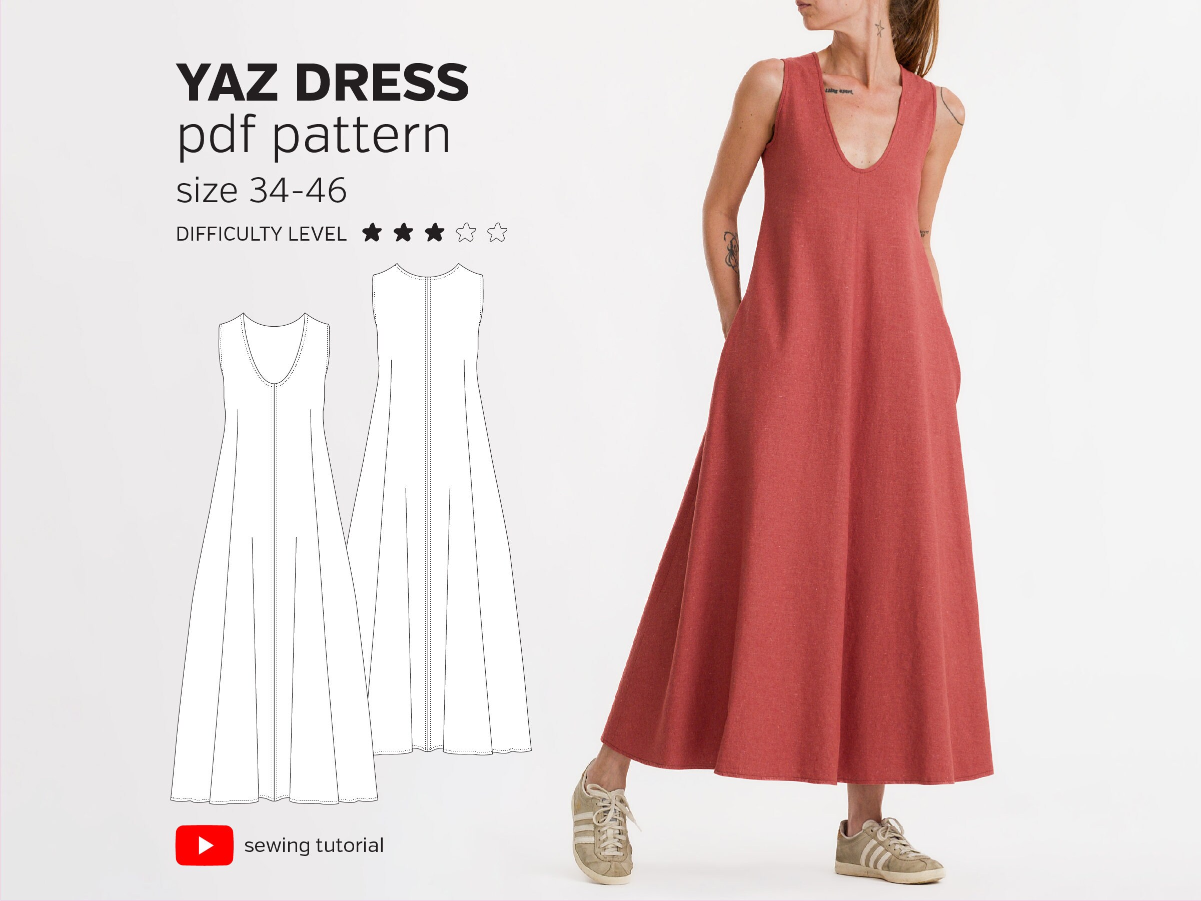 Sleeveless Hourglass Dress PDF Sewing Pattern: Deep U Neck, Size