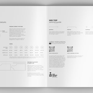 May include: A sewing pattern guide for a mid-top garment. The guide includes sizing charts, pattern placement instructions, and video instructions. The pattern is designed for a height of 1.68 cm.