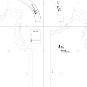 May include: A sewing pattern for a mid-top shirt, with separate patterns for the front and back bodice. The pattern includes sizing guidelines for sizes 34 to 46.