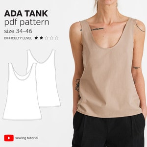 May include: A sewing pattern for a simple tank top called the Ada Tank. The pattern is available in sizes 34-46 and is rated as easy to sew. A line drawing of the tank top is shown on the left side of the image. A woman is wearing a beige tank top on the right side of the image.