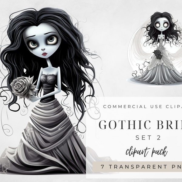 Gothic Bride - Set 2 PNG Watercolour Clipart Bundle, Gothic, Alternative Bride, Card Making, Wedding Invitations, 300dpi