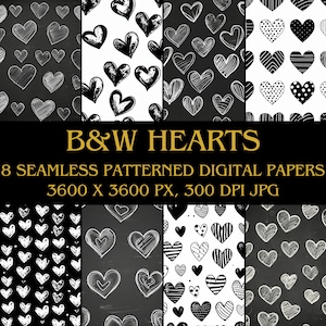 Black&white Hearts Digital Paper, JPG, 8 patterns, Black Hearts Pattern, Love Digital Paper, Valentine Background, St. Valentine's Day