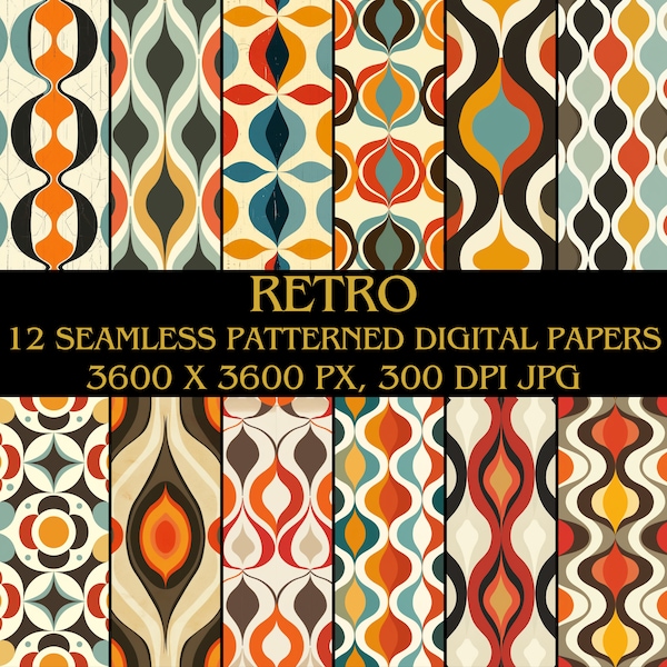 Retro Style Digital Paper, JPG, 12 patterns, Retro Pattern, Old-school Style Digital Paper, Old-fashioned Background