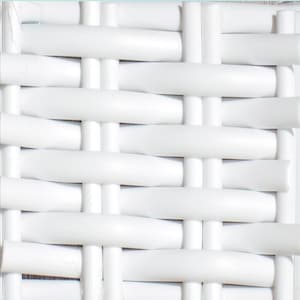 May include: Close-up of a white woven wicker pattern. The image shows a repeating pattern of horizontal and vertical woven strips, creating a textured surface. The weave is tight and the color is a bright white.