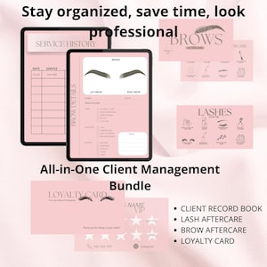Könnte beinhalten: Eine Sammlung von rosa und schwarzen Kundenmanagement-Formularen und -Karten. Die Formulare umfassen eine Servicehistorie, Brauendetails und eine Kundenkarte. Der Text auf dem Bild lautet "Organisiert bleiben, Zeit sparen, professionell aussehen" und "All-in-One-Kundenmanagement-Bundle."