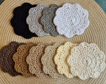 Crochet Round Scalloped Cotton Coaster, Hot Pad, Placemat or Doily (made to order), sizes 4", 6", 8" or 12" in Neutral Colors